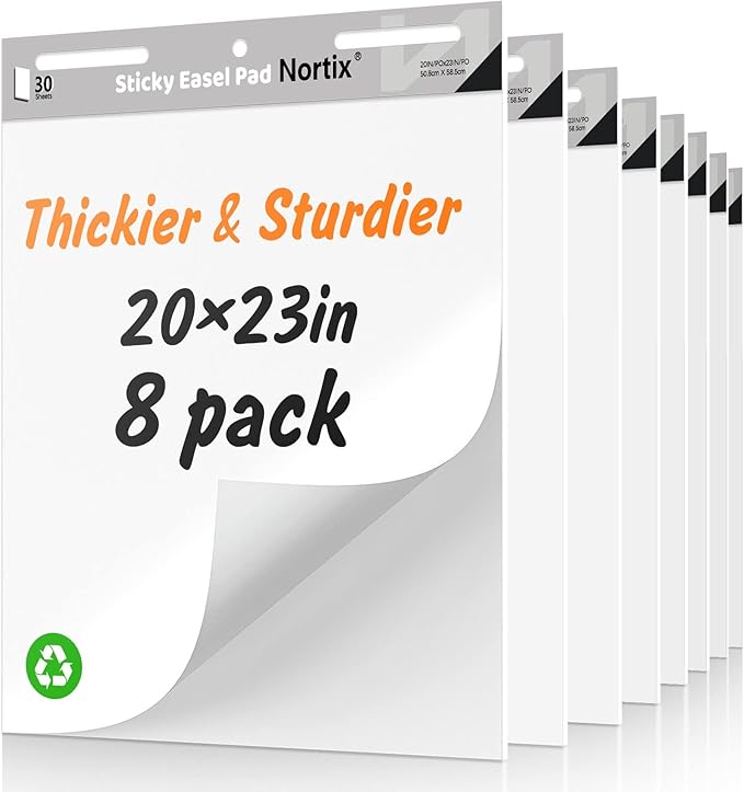 Nortix Easel Pad, Self-Stick Easel Pads, Anchor Chart Paper for Teachers, Strong Adhesive & Bleed-Resistant, 20''x23'' Sticky Notes Chart Paper, 30 Sheets/Pad, 8 Pads