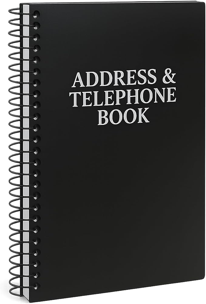 Iconikal Address Telephone Book, 8x5-Inch, Black, Spiral-Bound, 384 Contacts, Organizer for Organizing Names, Addresses, Email, Cell Phone Numbers