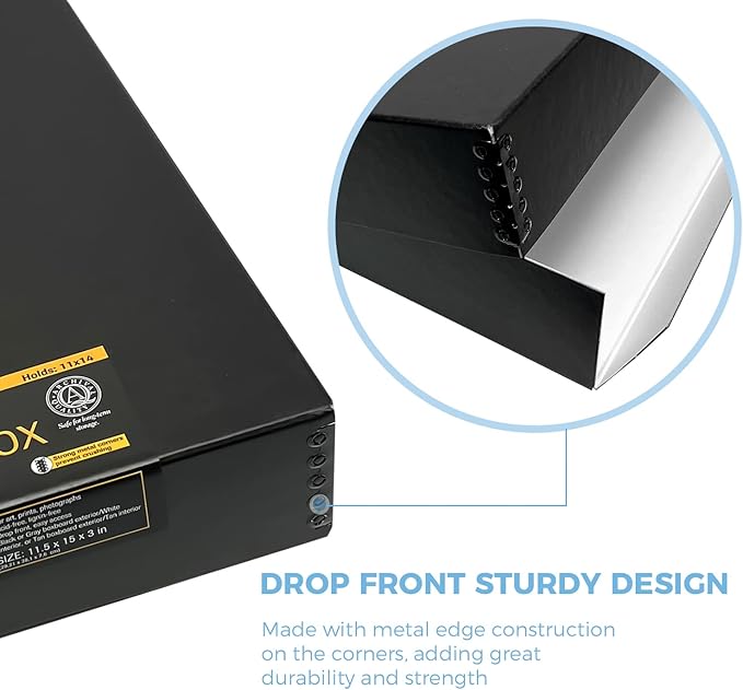 Lineco 11x14 Black Museum Archival Storage Box, Drop Front Design, 11 1/2 x 15 x 3 in. Acid-Free with Metal Edge. Preserves Picture Longevity, Organize Photos or Documents, Crafts, DIY.