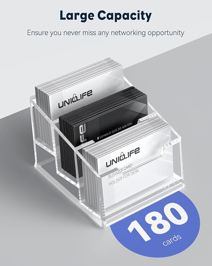 Uniclife Acrylic Business Card Holder for Desk 3 Slots Clear Business Card Display Stand for Men & Women Desktop Business Card Organizer Card Stand for Office Home Exhibition, 180 Card Capacity