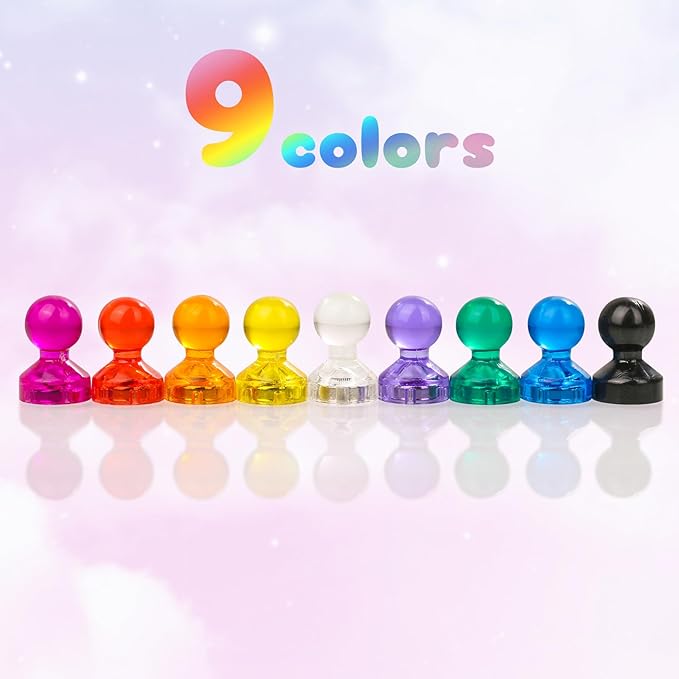 90 PCS Colorful Strong Magnetic Push Pin Magnets, 9 Assorted Color Magnetic Push Pin Magnets for Office, Classroom, Kitchen Home and School, Map Magnets, Whiteboard Magnets