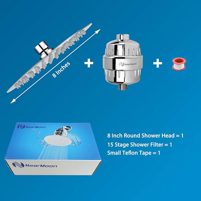 NearMoon Shower Head and 15 Stage Shower Filter Combo, High Pressure Filtered Shower for Hard Water, Improves the Condition of Your Skin, Hair (8 Inch, Chrome)