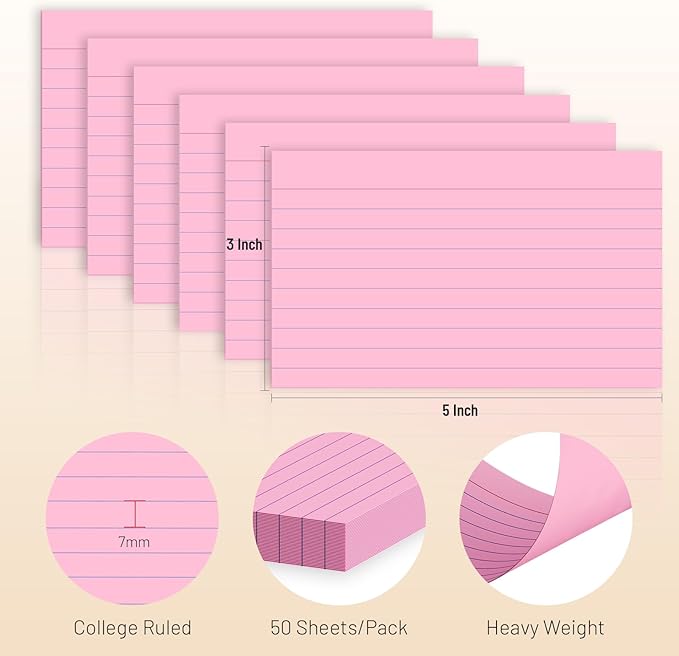 300 Count Index Cards 3 x 5 Inch Ruled Pink Index Cards, Flash Cards College Ruled for School, College, Office and Home Organization, Durable Study To Do List Note Cards with Ruled Lines