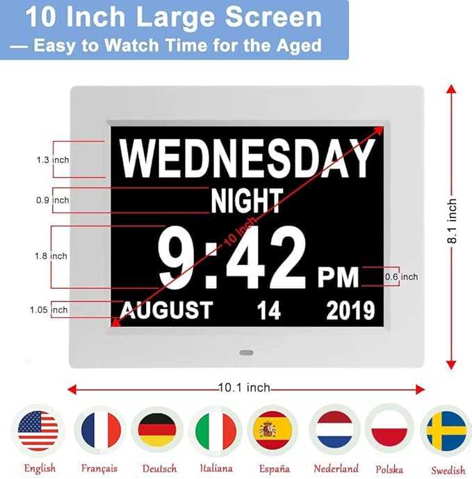 Aowasi [Upgraded 10 Inch] Digital Day Calendar Clock Auto-Diming & 8 Alarms Options Extra Large Non-Abbreviations Dementia Impaired Vision Senior Clocks for Memory Loss Alzheimer Eldarly
