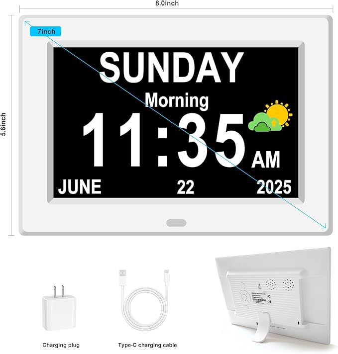 DIWAKREM 7'' Large Display Digital Clock for Seniors, Digital Calendar Alarm Clock for Elderly Clock with Date Day of Week 12 Alarms 4 Colors Desk Wall Clocks for Alzheimers Dementia Auto DST/Dimmer