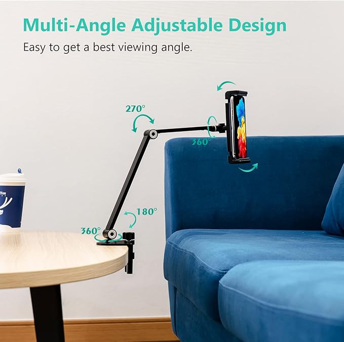 iPad Desk Mount, Adjustable Tablet Holder Clamp, 360 degree Rotation, Sturdy Aluminum Tablet Arm Mount for 4.7"-13" iPad Pro/Air/Mini, iPhone, Galaxy Tab, for Kitchen, Work, Video Call(Black)