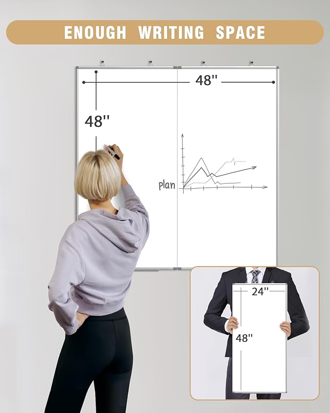 48"X 48" Large Magnetic Dry Erase Whiteboard, Removable Wall Hanging Board with 4 Pens & 1 Dry Erasers & 6 Magnets, Sliver Aluminum Frame White