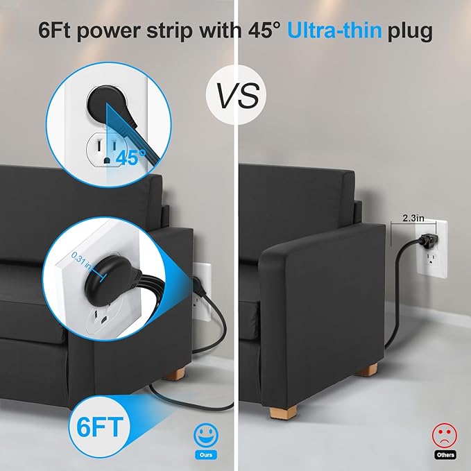 2 Pack Ultra Flat Plug Power Strip,Power Strips with Surge Protection-4 Widely Outlets,6 ft Flat Plug Extension Cord with 3 USB Ports(1 USB C Port),Slim Desk Charging Station,Black