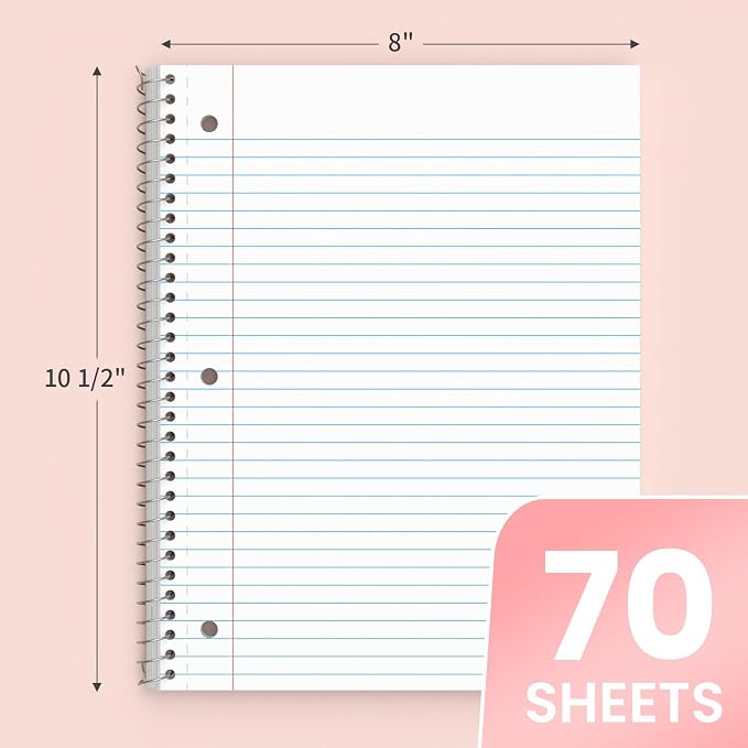 Oucaru College Ruled Spiral Notebooks, 8x10.5 Subject Notebook for School | 3 Pack 1-Subject Notebooks with 70 Sheets Per Book, 3-Hole Punched Lined Paper, for Writing Journal, Home & Office
