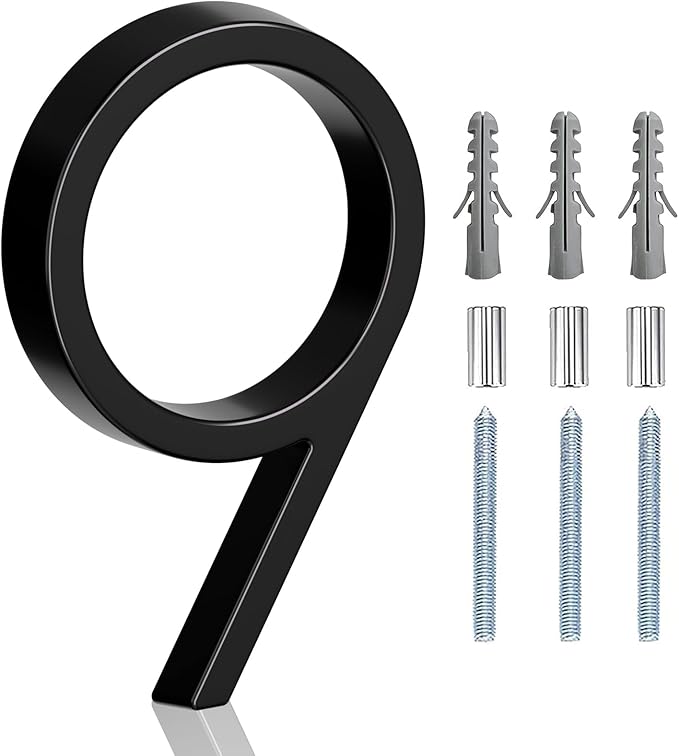 5" Floating Stainless Steel Address House Number, Modern Metal Anti-Rust House Numbers with Nail Kits for Door Garden Mailbox Decor Visibility Signage (9)