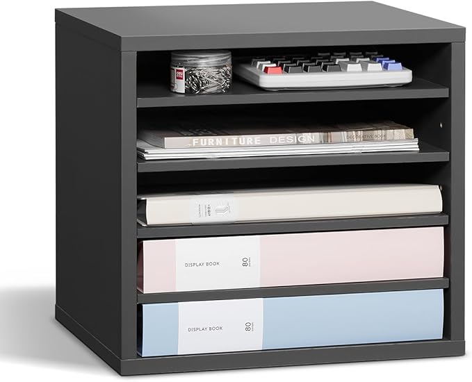 VEVOR Literature Organizer, 5 Compartments Office Mailbox with Adjustable Shelves, Wooden Mailbox Sorter Medium Density Fiberboard Office Home Classroom Storage for Files, Documents, Papers, Grey