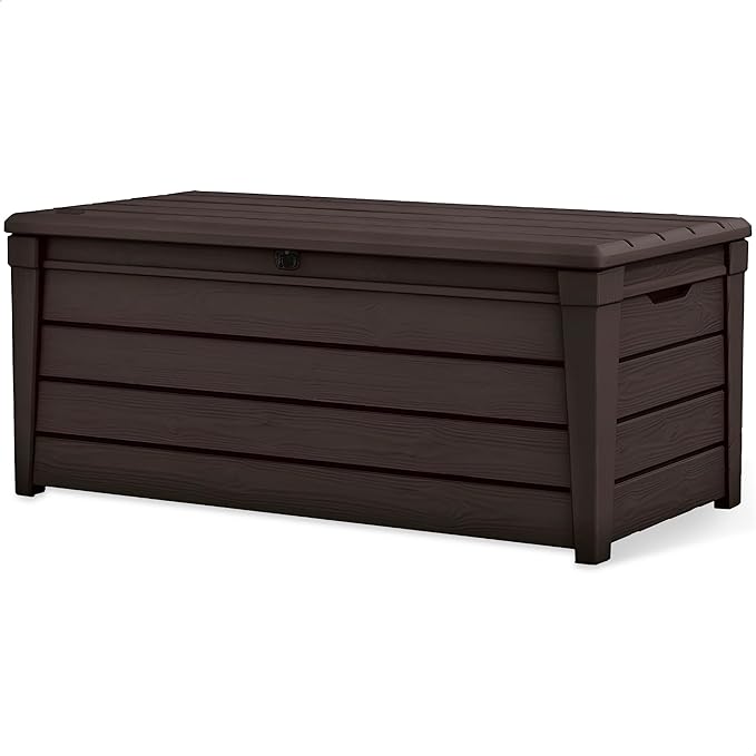 Keter Outdoor Storage Deck Box, for Patio, Backyard & Garden, Brightwood, 120 Gal, Brown - Lockable, Organizing, and Waterproof Plastic Container Bench