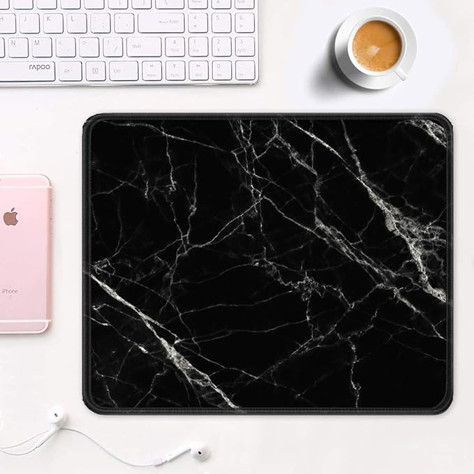 Auhoahsil Mouse Pad, 12 x 10 in Nature Marble Theme Computer Mouse Pad for Desk, Premium-Textured Non-Slip Rubber Stitched Edges Waterproof Square Mouse Mat for Gaming Work Wireless Mice, Black
