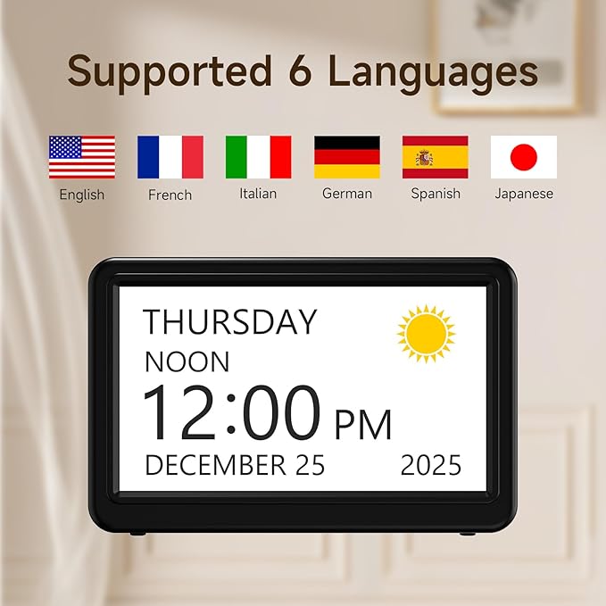 Raynic Date Clock, Digital Calendar Clock with 12 Themes, 20 Alarms, 20 Reminders, Semi-Automatic Dimming, 12/24 Hours, Auto DST for Desktop, Office, Students (Black, 7 Inches)