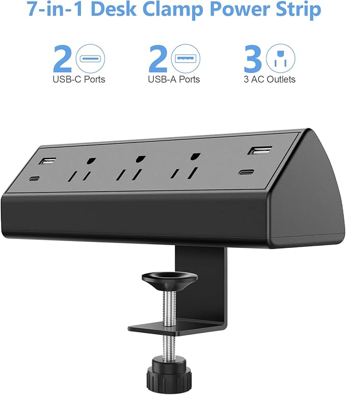 Desk Clamp Power Strip,40W Fast Charging Station,Desktop Mount Surge Protector,2 PD 20W USB C Ports,3 Outlets for Home,Office,Fit 1.9" Tabletop Edge (Black, 3 Outlets & 4 USB Ports & 15 FT Cable)