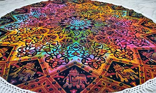 Round Beach Tapestry Turquoise Mandala Throw/Boho Hippie Beach Blanket Roundie/Indian Cotton Bohemian Large Round Table Cloth-Home Decor/Yoga Mat Meditation Picnic Rug (70", Multi Blue)