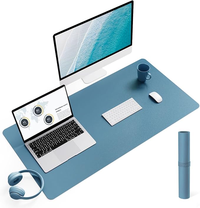 YSAGi Non-Slip Leather Desk Pad L Size, Waterproof Laptop Computer Desk Keyboard Mat, Table Protector Blotter Mat, Large Mouse Pad for Office/Work/Home/Decor(Blue, 35.4" x 17")