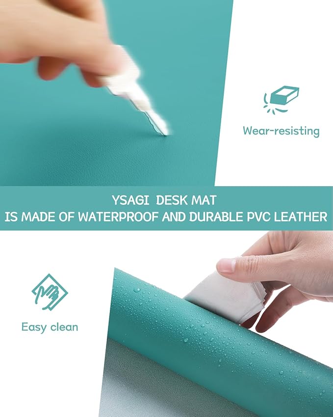 YSAGi Non-Slip Leather Desk Pad L Size, Waterproof Laptop Computer Desk Keyboard Mat, Table Protector Blotter Mat, Large Mouse Pad for Office/Work/Home/Decor(Green Blue, 35.4" x 17")