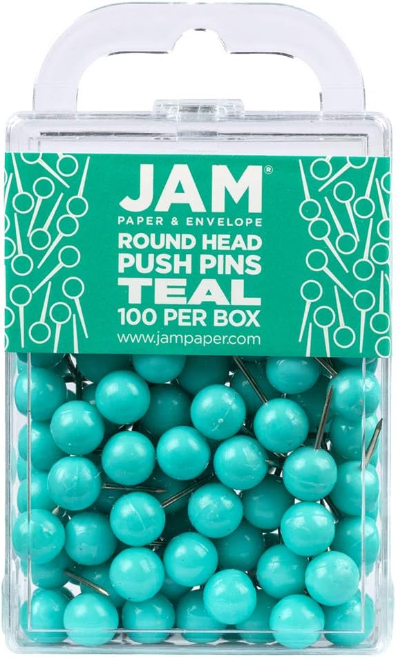 JAM PAPER Colorful Push Pins - Round Head Map Thumb Tacks - Teal Pushpins - 100/Pack