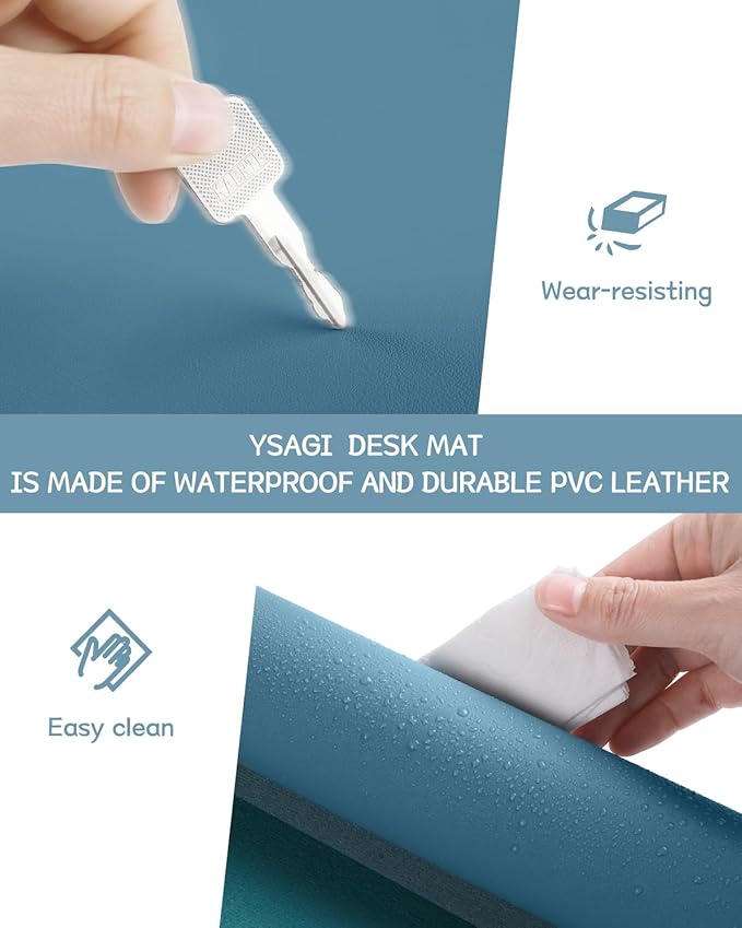 YSAGi Non-Slip Leather Desk Pad, Waterproof Laptop Computer Desk Keyboard Mat, Table Protector Blotter Mat, Large Mouse Pad for Office/Work/Home/Decor(Blue, 23.6" x 13.7")