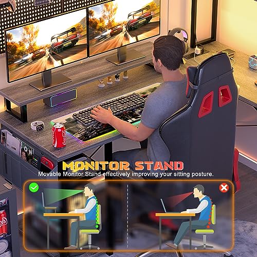 Small L Shaped Desk Gaming Desk with LED Lights & Power Outlets