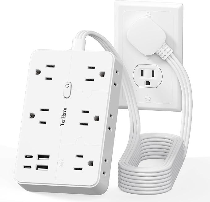 Surge Protector Power Strip 10 FT Flat Extension Cord ，10 AC Outlets & 4 USB Ports(5V/3.4A 17W), 1080J ，Wall Mountable Desktop Charging Station with Flat Plug for Office Supplies and Home, White