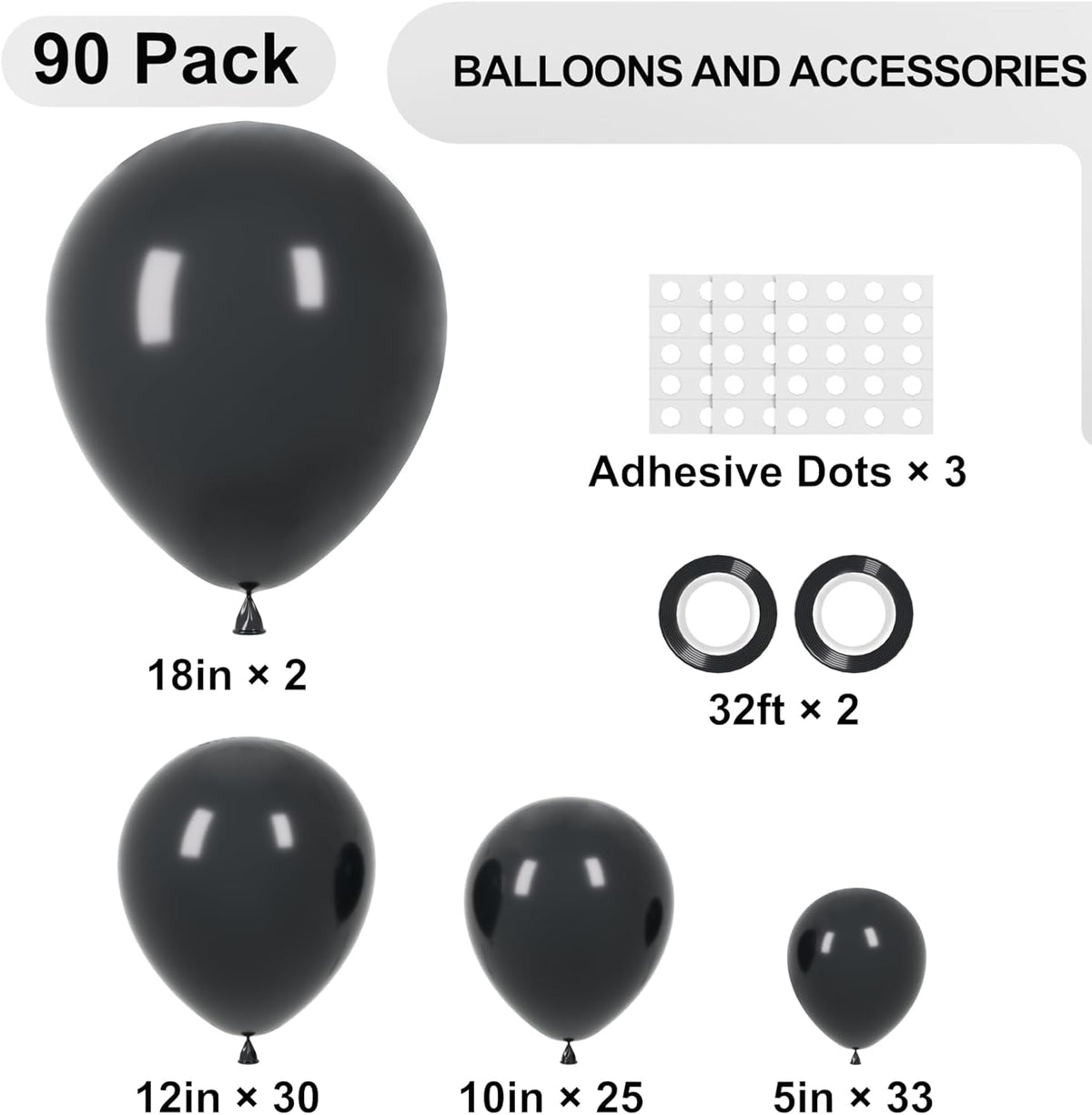 90pack Black Balloons Different Size 18/12/10/5 Inch Black Balloon Garland Arch Kit for Graduation, Wedding, Birthday, New Year, Baby Shower, Anniversary, Holiday Party Decorations