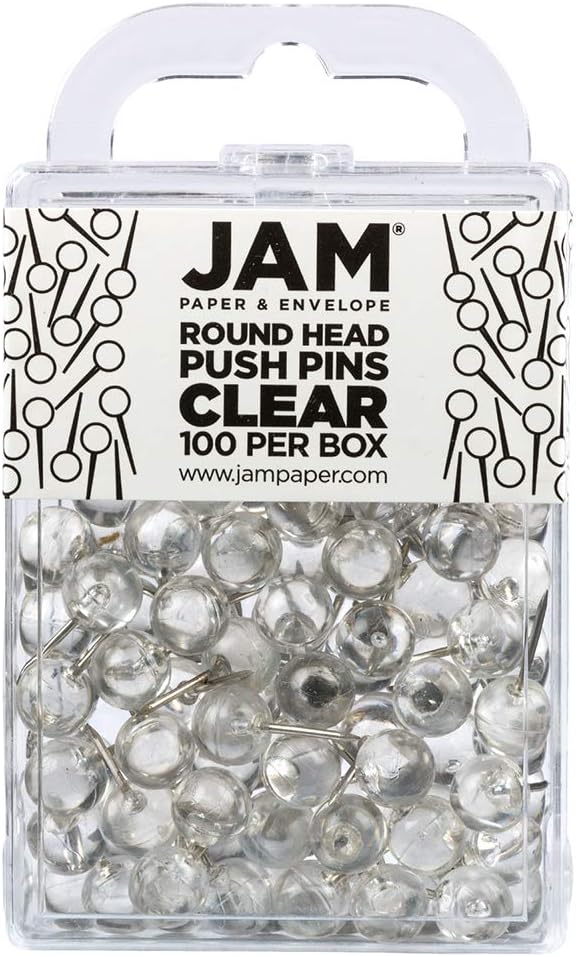 JAM PAPER Colorful Push Pins - Round Head Map Thumb Tacks - Clear Pushpins - 100/Pack