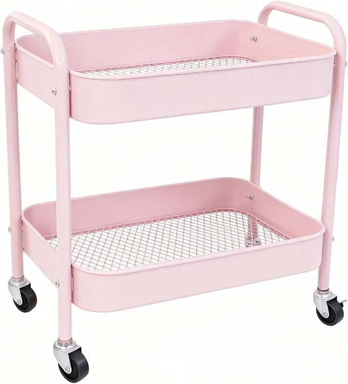 Ufriandz Pink 2 Tier Rolling Cart Metal with Wheels Under Desk Storage Cart for Small Space Organization, Small Trolley for Pantry Room Laundry Bathroom Kitchen Office Art Snack Baby Supplies