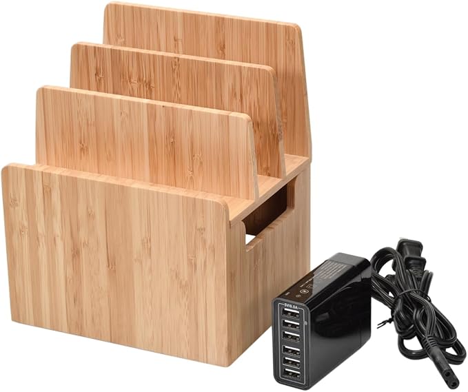 Bamboo Universal Multi Device Cord Organizer Stand and Charging Station for Smartphones, Tablets, and Laptops Includes 6-USB Port Hub Charger with Power Supply