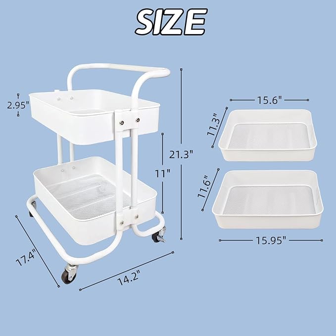 Ufriandz 2 Tier Cart with Wheels Under Desk Storage with Handle, Metal Rolling Pantry Cart for Kitchen White Small Rolling Basket for Laundry Room Bathroom, Utility Shelf Organizer for Small Space