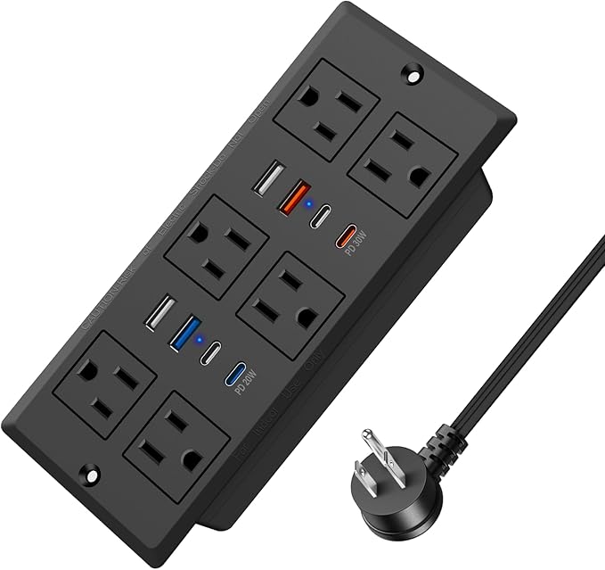 Recessed Power Strip with PD 30W Fast Charging, Conference Desk Flush Mount Outlets Plug in 6 Outlets & 8 USB Ports,3FT Cord Furniture Drawer Outlet Black