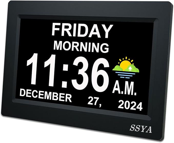 SSYA 7 Inch Calendar Clock - 12 Alarm Options, Level 5 Auto Dimmable Display,Extra Large Impaired Vision Digital Clock with Non-Abbreviated Day & Month (Black)