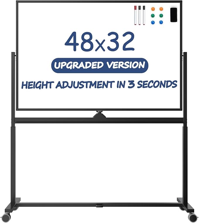 Rolling Whiteboard, 48 x 32 Inches Magnetic White Board with Stand, Double-Sided Large Standing Dry Erase Board on Wheels, Height-Adjustable Mobile Dry Erase Board for Office, Home, Classroom