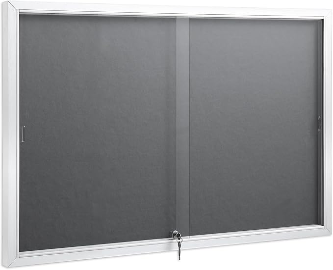SWANCROWN Glass Enclosed Bulletin Board 48"x32", Locking Message Board with Sliding Glass Doors for Indoor Use, Grey Fabric