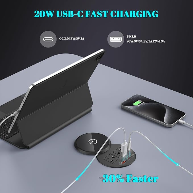 XBA PD 20W USB C Desk Power Grommet with 15W Wireless Charger Cover, Recessed Power Strip with 18W USB A and 2 AC Outlets,Hidden Power Outlets with 6FT Cords for Office, Home, Conference(Black)