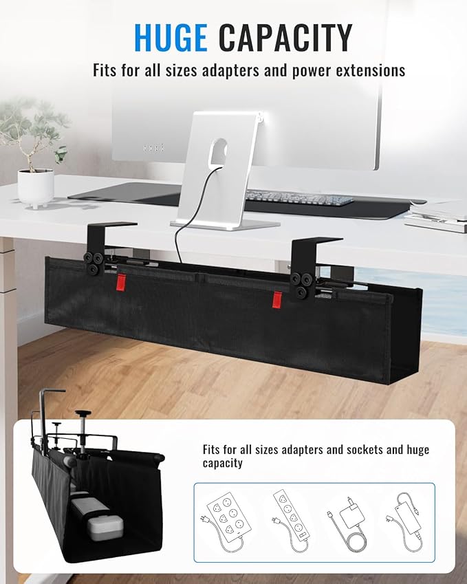 No Drill Cable Management Under Desk, 28" Cord Organizer for Table, Clamp/Screw Mount Cable Tray, Premium Black Fabric Desk Cord Management Tray for Office, Home (Regular (28 in))