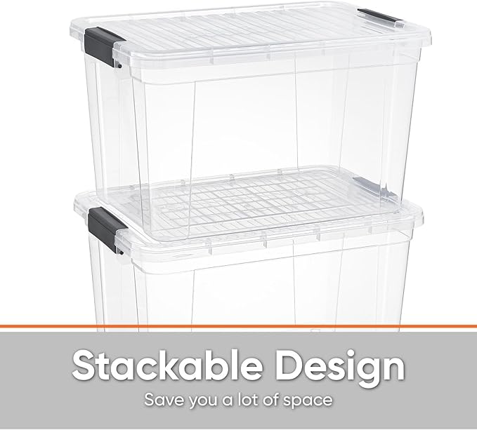 Superio Storage Bins with Lids- 4 Pack, 4.75 Qt Clear Boxes for Organizing, Stackable Plastic Containers- BPA Free, Non-Toxic, Odor Free, Organizer for Home, Office, Dorm