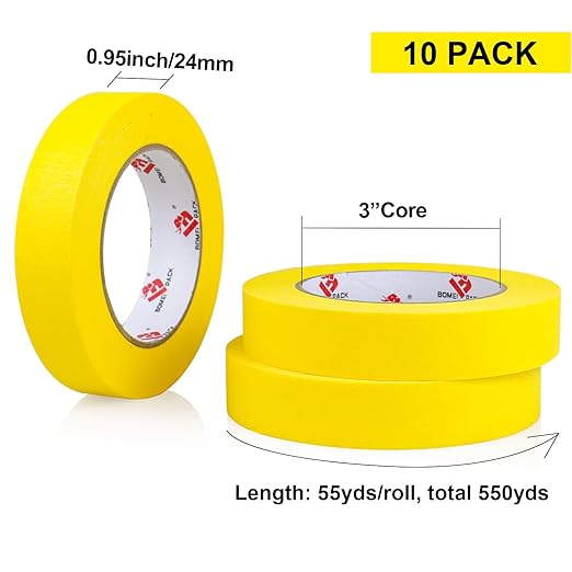 BOMEI PACK Yellow Painters Tape 1 Inch Bulk - Paint Tape 10 Rolls x 1 Inch x 55 Yards - Painter's Tape Yellow Masking Tape for Walls Painting, DIY Crafting, and School Projects, Total 550 Yards