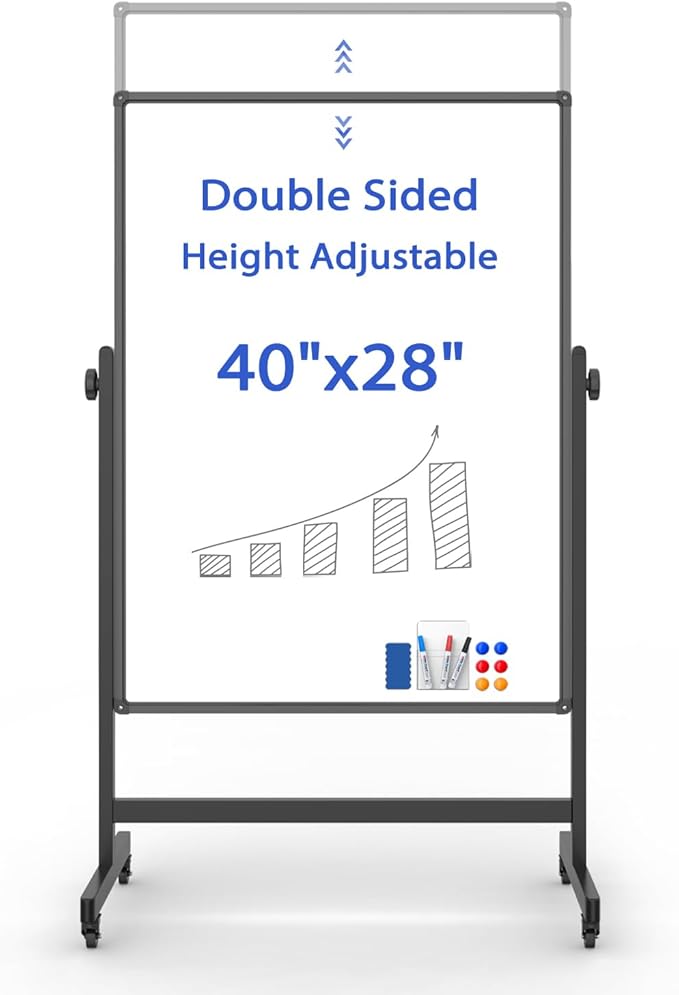 Rolling Whiteboard on Wheels, Double-Sided Magnetic Dry Erase Board with Stand, Mobile White Board for Office, Classroom, Home (28" x 40")