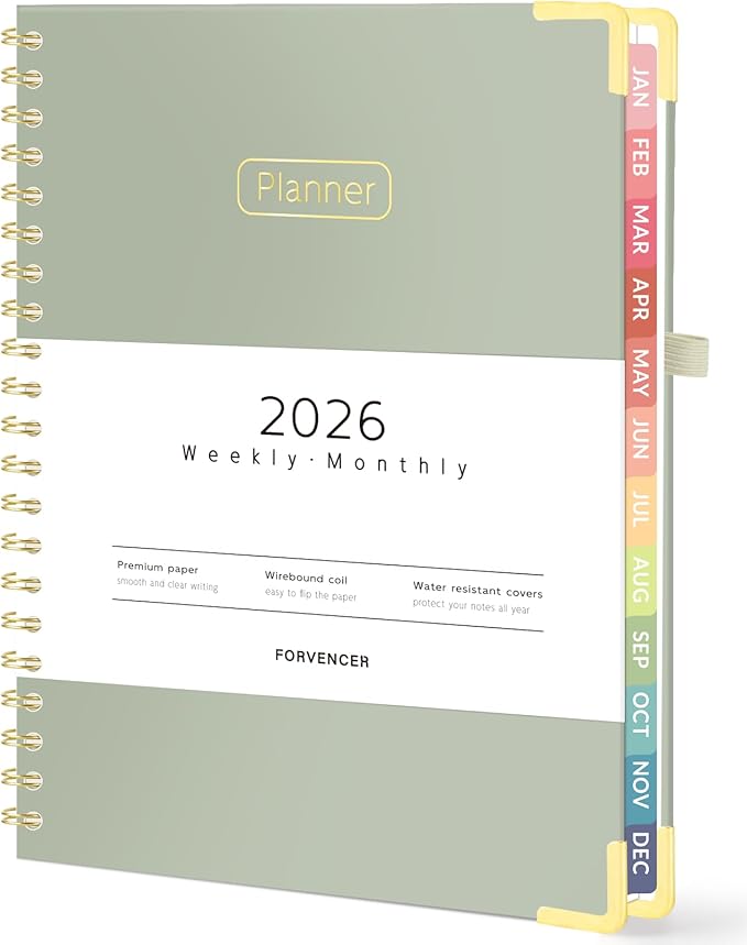Forvencer 2026 Planner, Hardcover Calendar Planner Weekly and Monthly, Jan 2026 - Dec 2026, 8.5" x 11", Spiral Agenda Book with Tabs, Exquisite Daily Journal Organizer for Home School, Olive Green