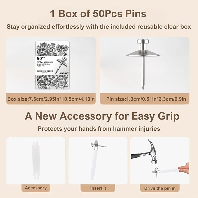 50pcs Silver Thumb Tacks for Wall Picture Hangers Heavy Duty Push pins for Wall Double Headed thumbtacks for Hanging Metal Wall Tacks Wall pins Nails Hooks (Silver)