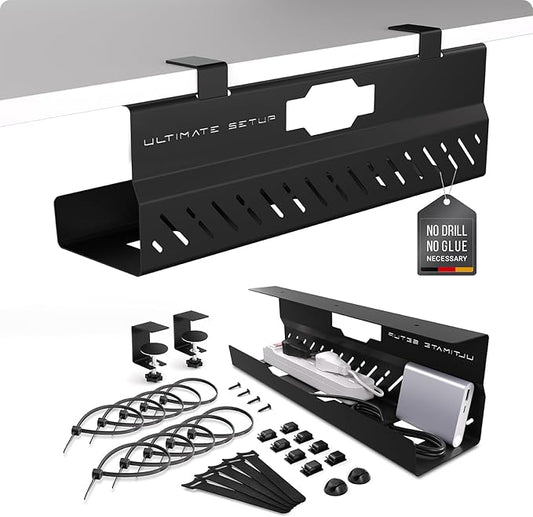 Under Desk Cable Management Tray no Drill – Wire Management - Cord Organizer – Huge Load Capacity – Under Desk Cable Tray no Drill (Black, 1 Piece Set)