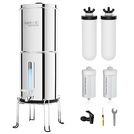 Purewell 2.25G Gravity Water Filter System with Water Level Window, 8-Stage Stainless Steel Countertop System with 4 Filters and Stand, Reduce Fluoride and Chlorine, PW-KST-CF