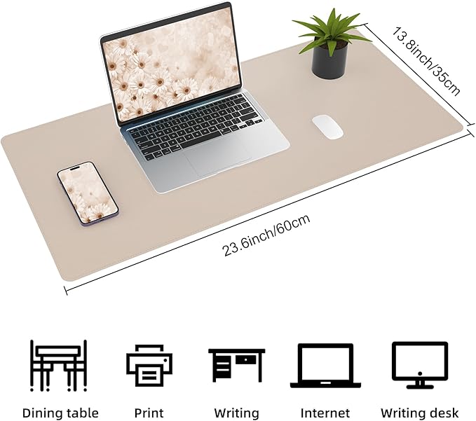 AFIING Leather Desk pad Protector, Large Non-Slip Office Desk Mat with Natural Cork & PU Leather, Waterproof Writing Mouse Pad for Office and Home (23.6in*13.7in, Beige)