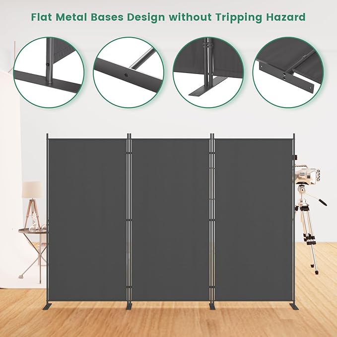 Helios&Hestia 3-Panel 6 ft Tall Indoor Folding Room Divider, Portable Privacy Screen, Freestanding Partition Separator, Temporary Wall Separation for Bedroom, Office, 102" W X 71" H, Dark Grey