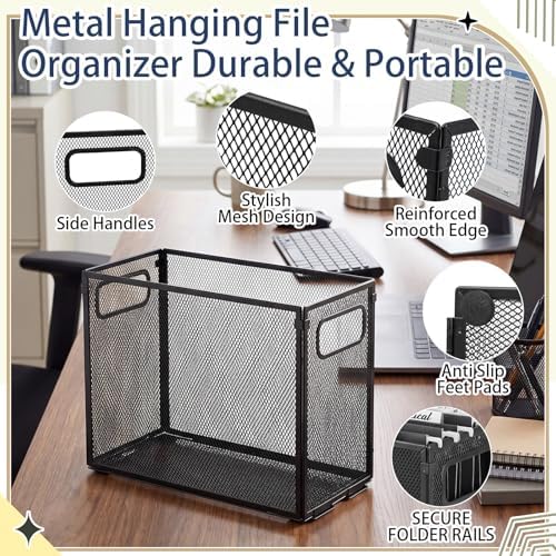 Zhengmy 2 Pcs Hanging File Organizer Letter Size File Holder Metal Mesh Filing Box Desktop Folder Letter Storage Cabinets Magazine Holder with Handles for Home Office School Document (Black)