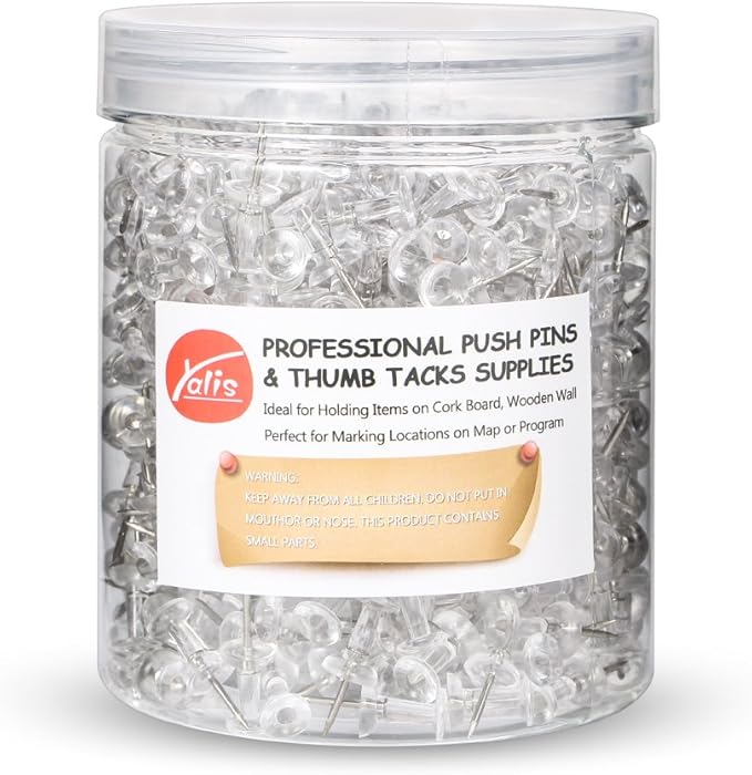 Yalis Push Pins 600 Count, Standard Clear Thumb Tacks Steel Point and Clear Plastic Head