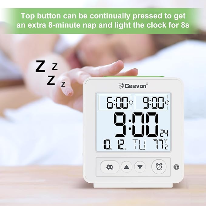 Geevon Atomic Travel Alarm Clock with Auto/8s Backlight, 2 Alarm Settings, Temperature Detect, Increasing Beep Sounds Digital Atomic Travel Clock Battery Operated for Bedroom, Bedside, White