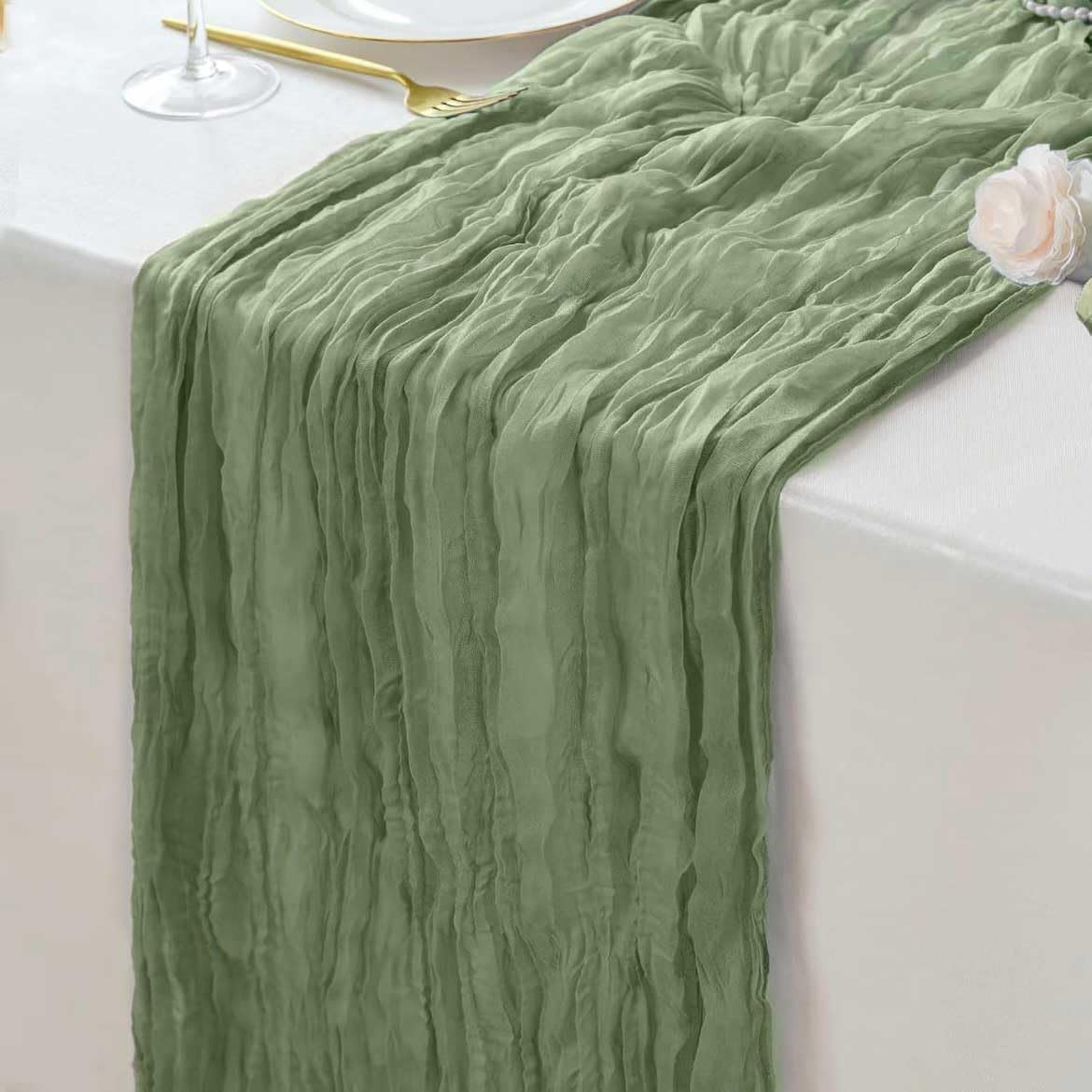 Sage Green Cheesecloth Table Runner 12 Pack – 35 x 120 Inch Gauze Fabric Boho Table Runners for Wedding Arch, Rustic Bridal Shower, Baby Shower, Party Decorations, Farmhouse Home Decor